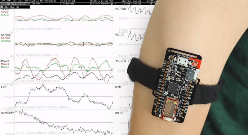 An EmotiBit device broadcasting data